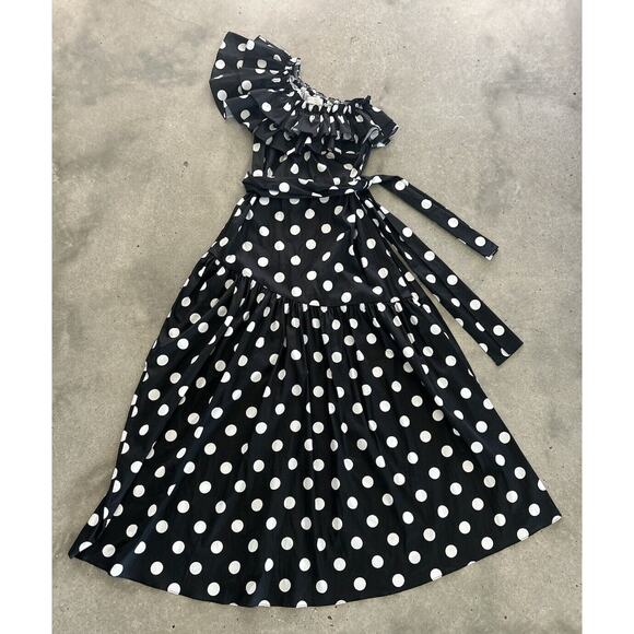 Caroline Constas Rhea Polka Dot One Shoulder Gown Sz M Ruffle Lightweight Belted - Picture 4 of 11